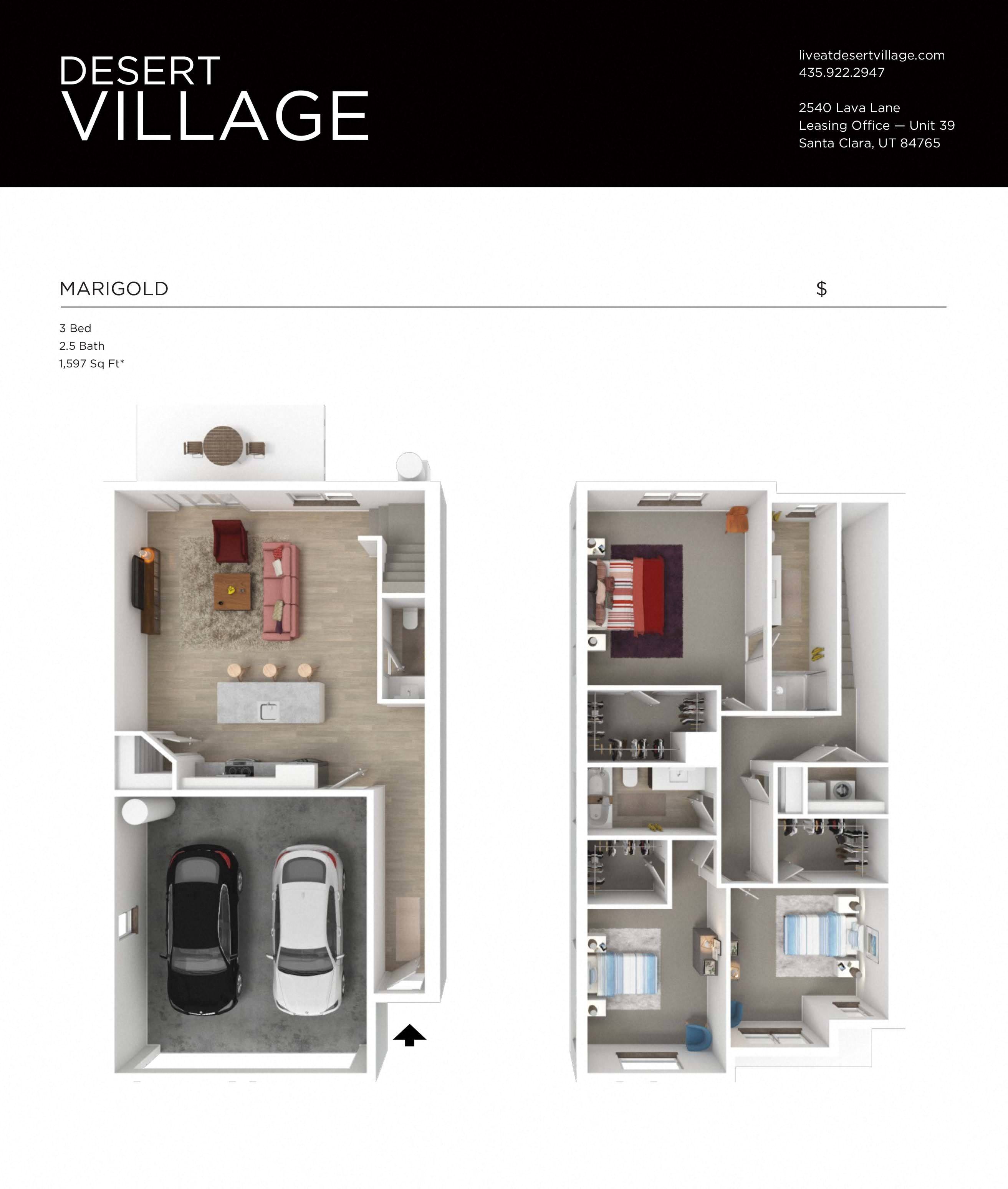 Floor plan for 3 beds, 2.5 baths, 1597 sqft